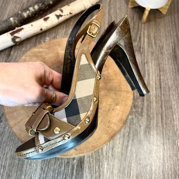 *Burberry | Nova Check Wooden Clog Slingback Peep Toe Heels Size 39/9 - Picture 13 of 16